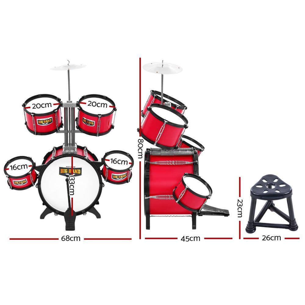 Keezi Kids 7 Drum Set featuring a bass drum, toms, cymbal, and stool in vibrant red color, designed for children aged 3 and above.